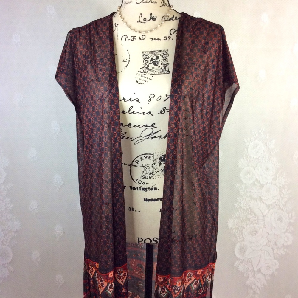 Vintage Red Black Paisley Open Front Kimono Vest